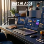 A professional workspace showing multiple screens with the best AI apps open, glowing interfaces in warm morning light.