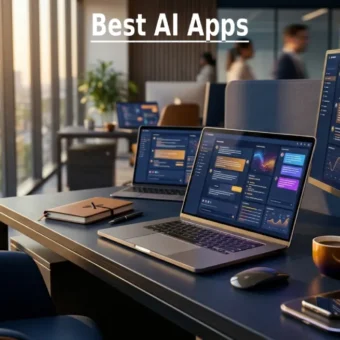 A professional workspace showing multiple screens with the best AI apps open, glowing interfaces in warm morning light.