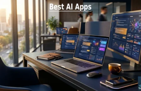 A professional workspace showing multiple screens with the best AI apps open, glowing interfaces in warm morning light.