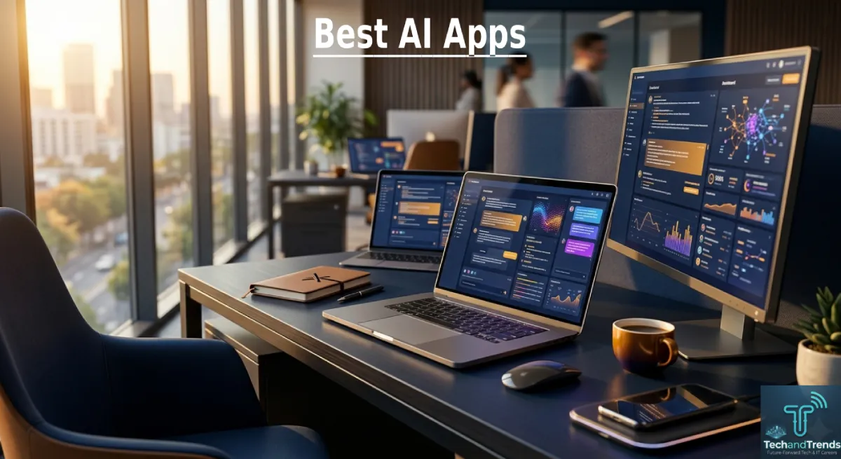 A professional workspace showing multiple screens with the best AI apps open, glowing interfaces in warm morning light.