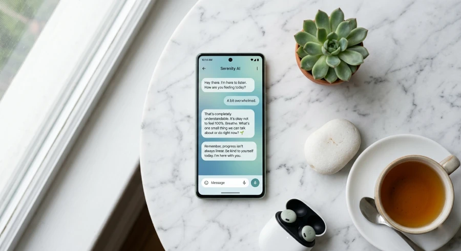 Smartphone displaying an AI mental health chat app interface on a clean marble desk in 2026