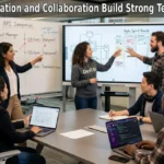Tech team engaged in communication and collaboration in a modern office