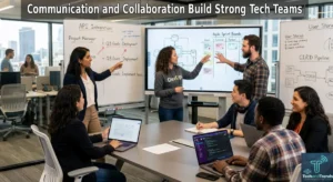Tech team engaged in communication and collaboration in a modern office