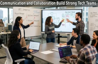 Tech team engaged in communication and collaboration in a modern office