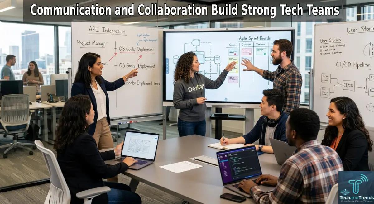 Tech team engaged in communication and collaboration in a modern office