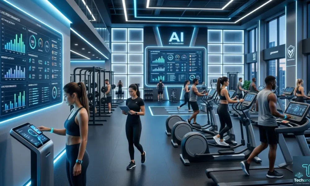 AI-powered fitness management software dashboard inside modern gym