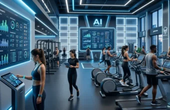 AI-powered fitness management software dashboard inside modern gym