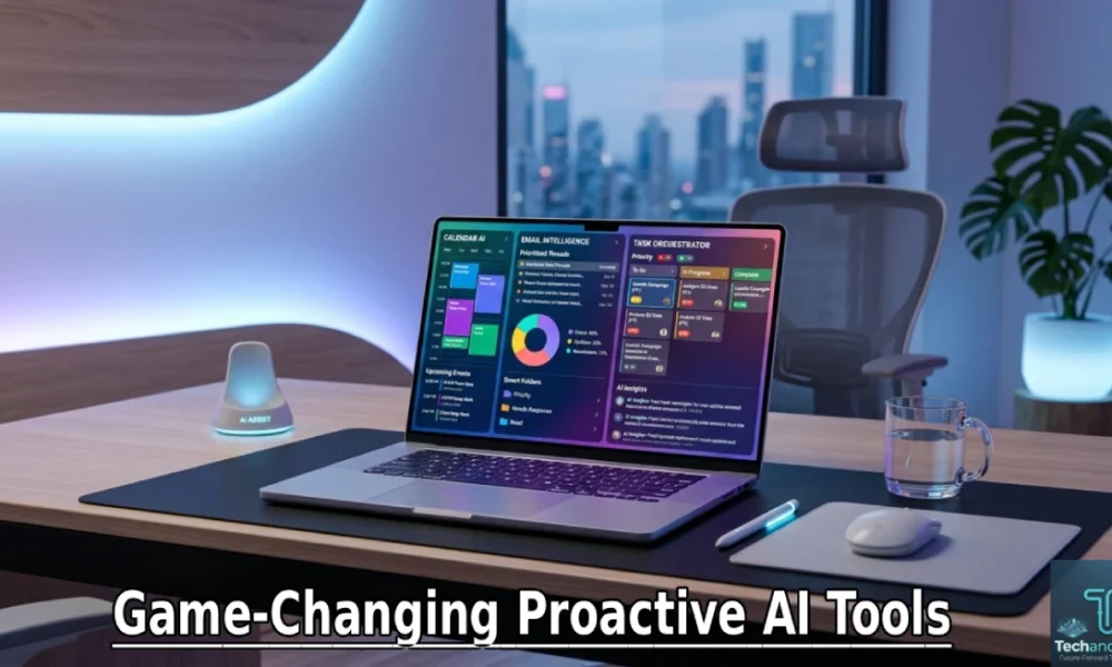 Minimalist workspace using proactive AI tools on a laptop dashboard
