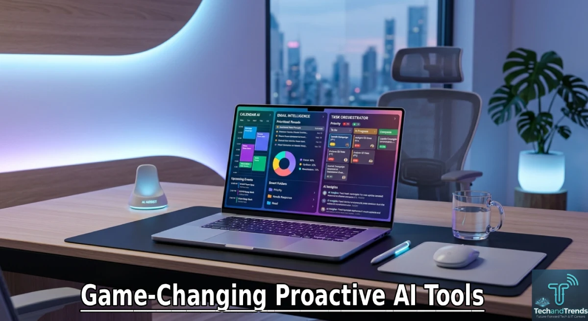 Minimalist workspace using proactive AI tools on a laptop dashboard