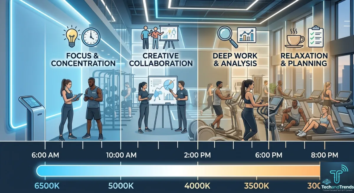 smart office lighting color temperature changes from morning to evening for employee wellness