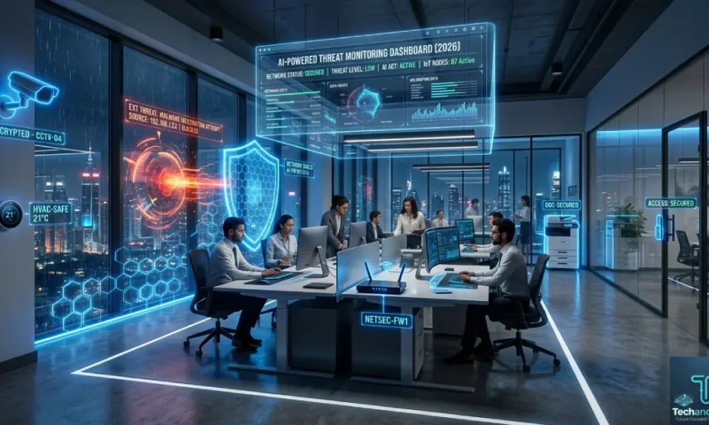 IoT Office Security protecting a futuristic smart office in 2026 with connected devices and AI network monitoring systems
