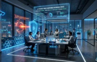 IoT Office Security protecting a futuristic smart office in 2026 with connected devices and AI network monitoring systems