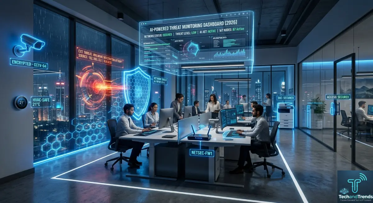 IoT Office Security protecting a futuristic smart office in 2026 with connected devices and AI network monitoring systems