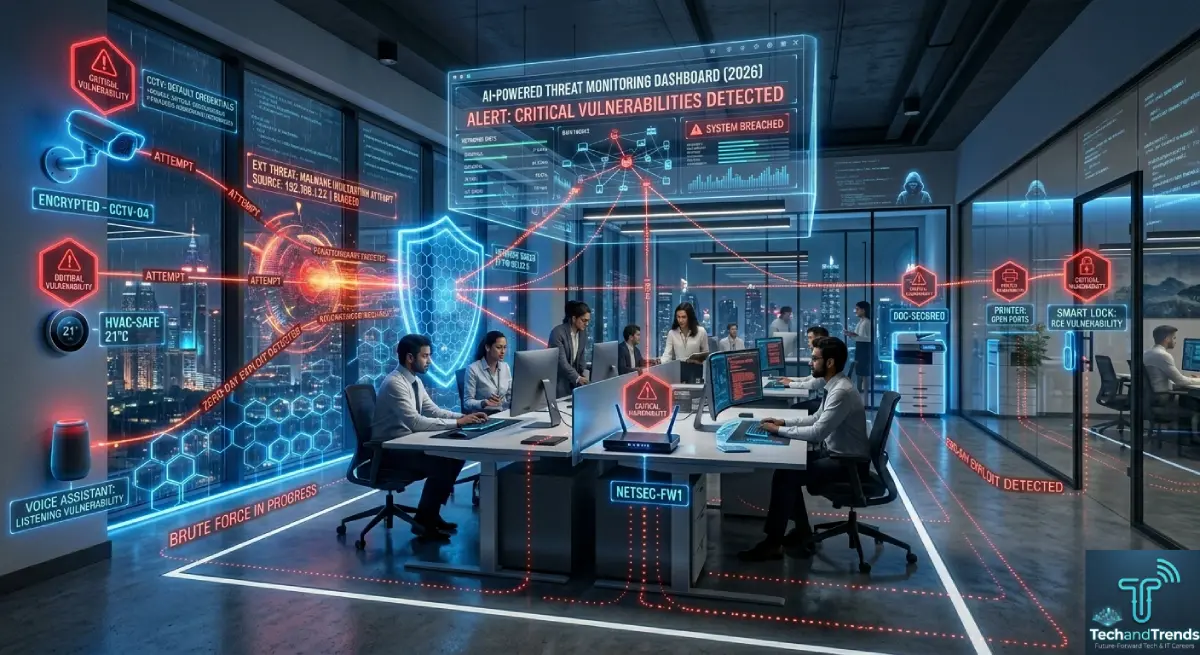 Office IoT devices like routers cameras printers and smart locks showing cybersecurity vulnerabilities and network risks