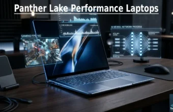 Panther Lake Performance Laptops futuristic AI ultrabook concept holographic UI modern