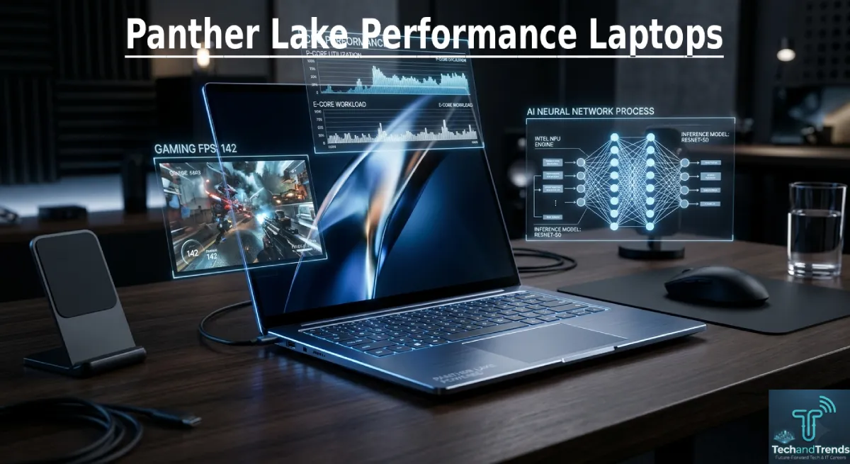 Panther Lake Performance Laptops futuristic AI ultrabook concept holographic UI modern