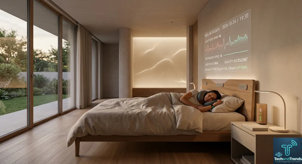 Contactless smart home health monitoring system inside modern bedroom