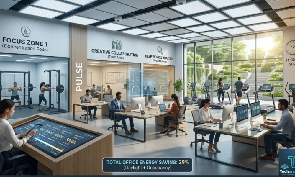 Smart office lighting system with AI LED automation in modern office 2026