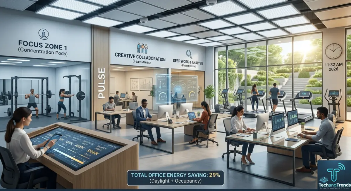 Smart office lighting system with AI LED automation in modern office 2026