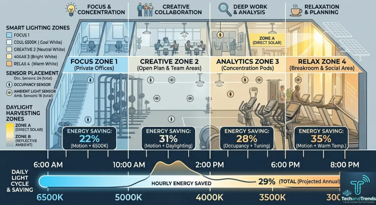 Office floor plan diagram showing smart lighting zones, sensor locations, and daylight harvesting areas