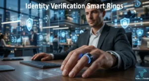 Quartz vs Oura: Are Identity Verification Smart Rings the Future of Security? A man wearing a smart ring that glows blue for biometric Identity Verification.