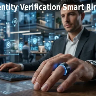 A man wearing a smart ring that glows blue for biometric Identity Verification.