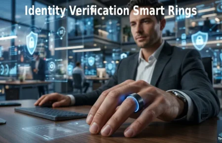 A man wearing a smart ring that glows blue for biometric Identity Verification.