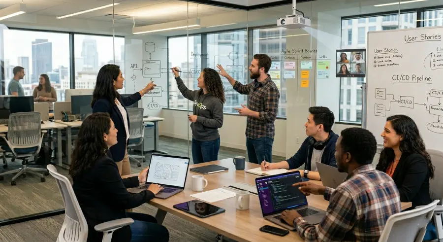 Team collaborating in modern office with clear communication
