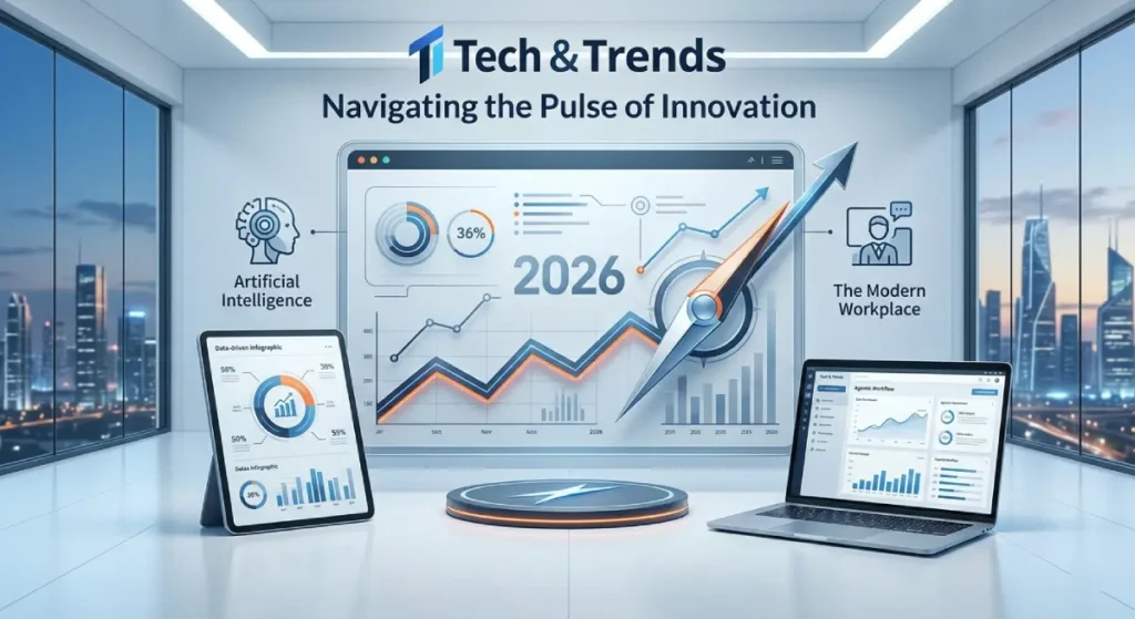 Modern 2026 tech workspace with AI interface and sleek hardware. About Us