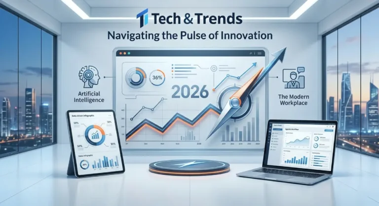 Modern 2026 tech workspace with AI interface and sleek hardware. About Us