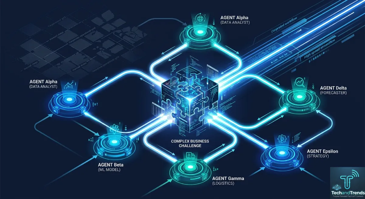 A conceptual diagram showing multiple intelligent AI agents collaborating across a digital network to solve complex business operations.