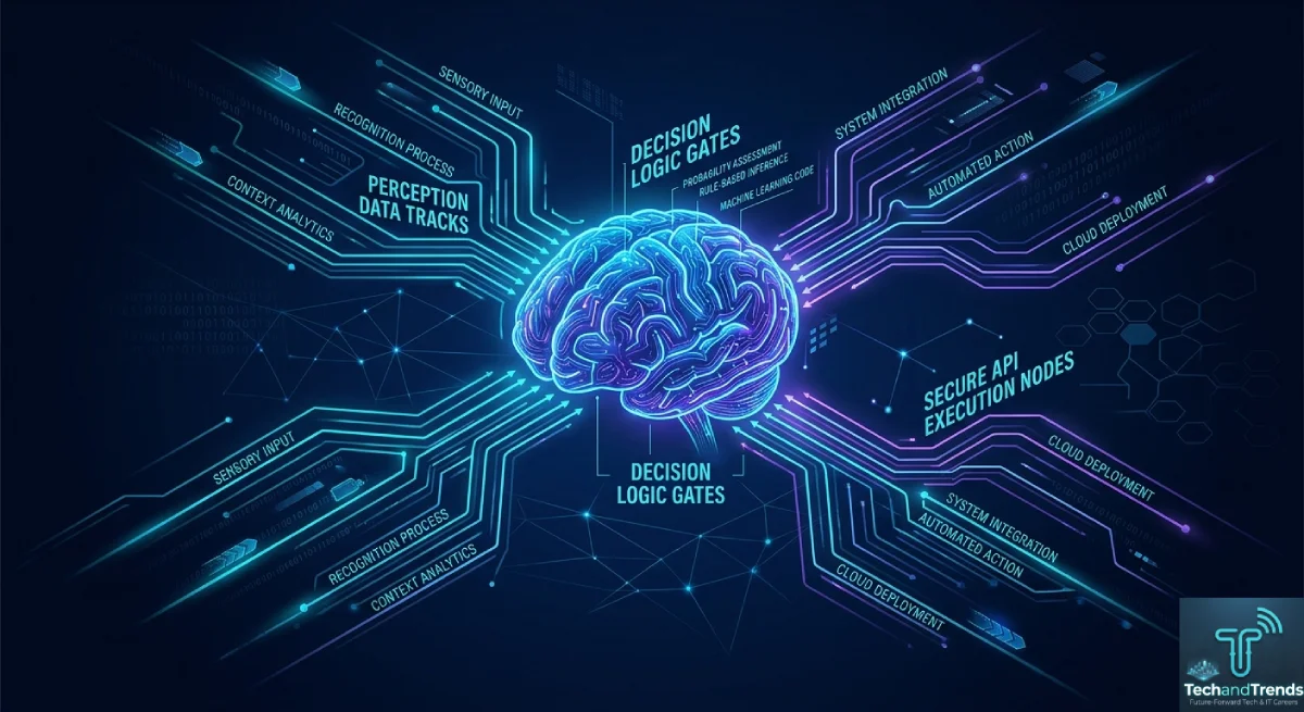 A conceptual neural network diagram illustrating cognitive computing core components including perception, reasoning, and execution.