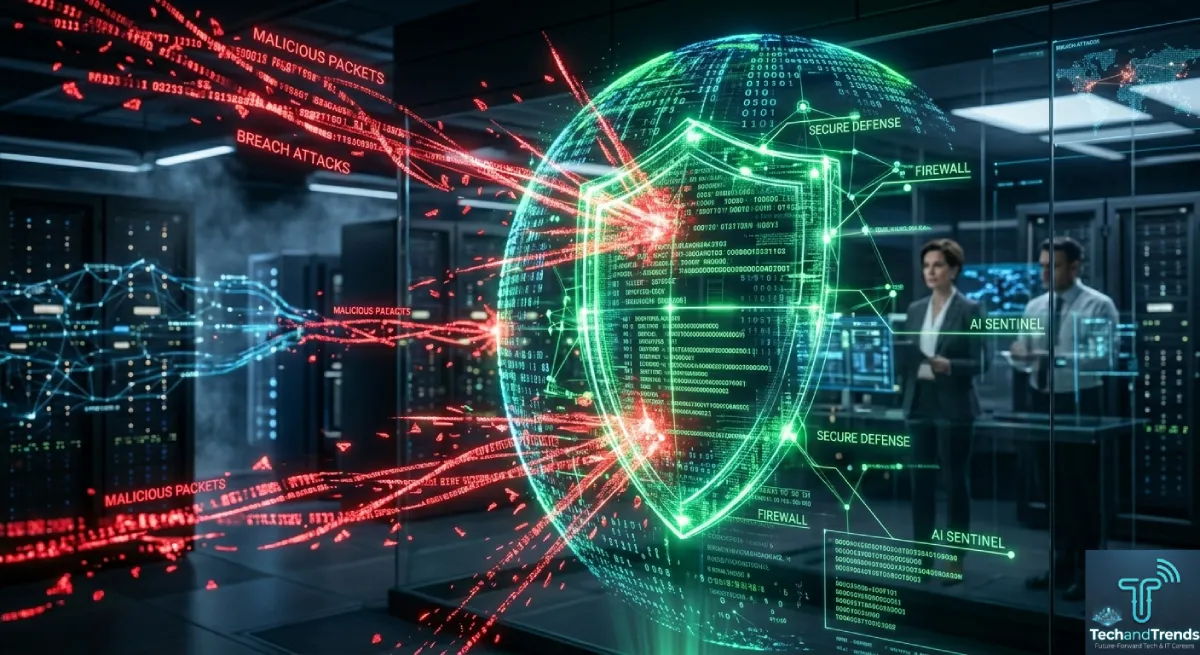 A visual representation of an AI-powered cybersecurity shield intercepting rapid digital threats and data breaches in real-time.