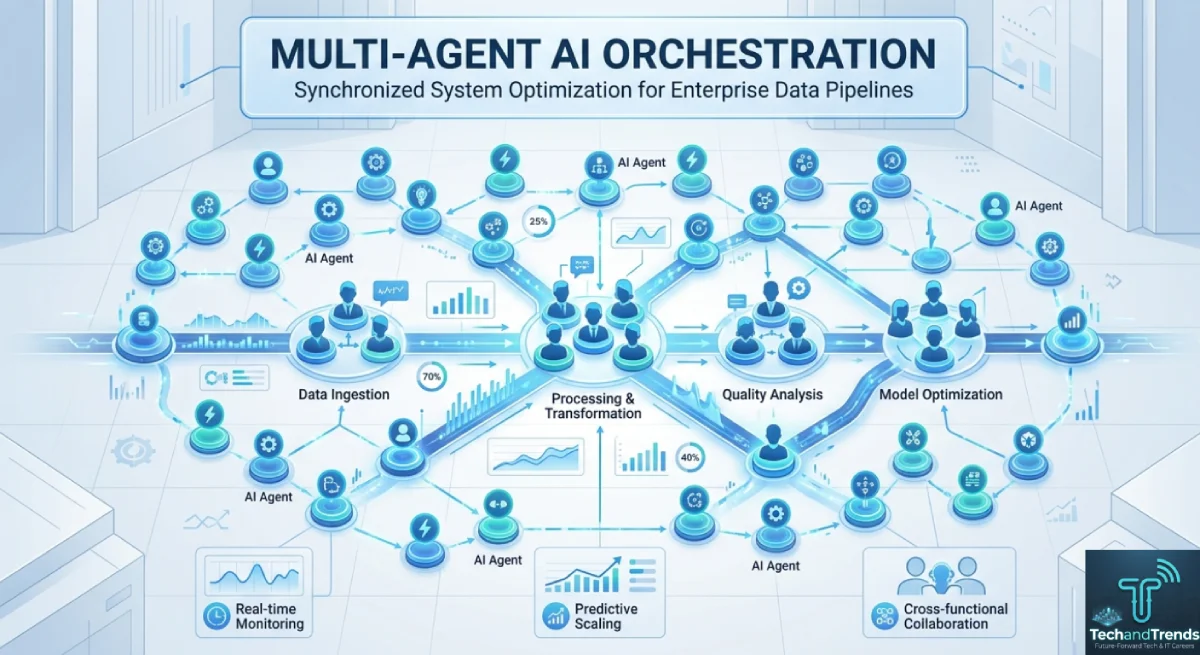 A multi-agent AI framework illustration showing smart digital agents working collaboratively for enterprise automation.