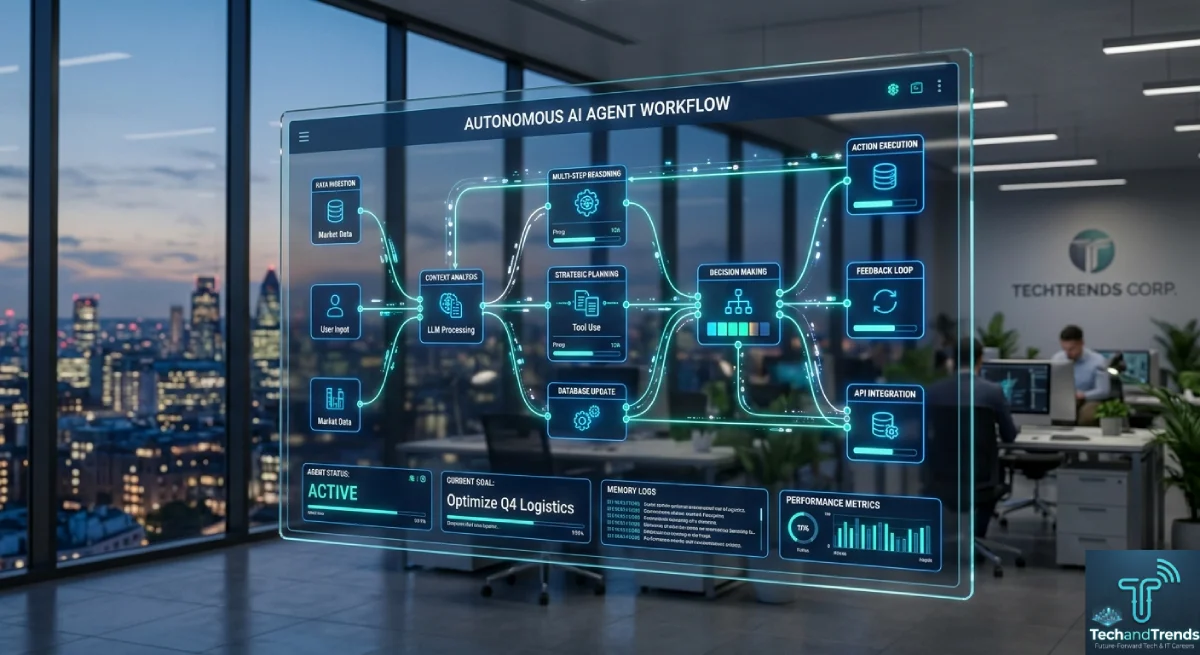 An enterprise autonomous workflow interface displaying the rise of agentic AI systems executing tasks independently.