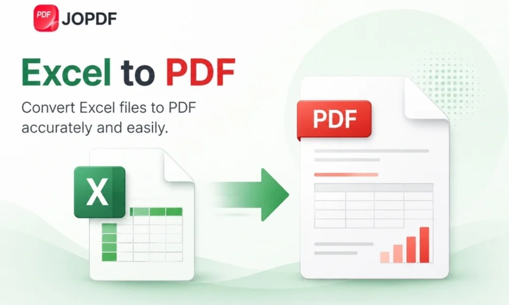 Visual depiction of an Excel to PDF conversion process, featuring a green checkmark to highlight that all formatting, tables, and column widths remain intact.