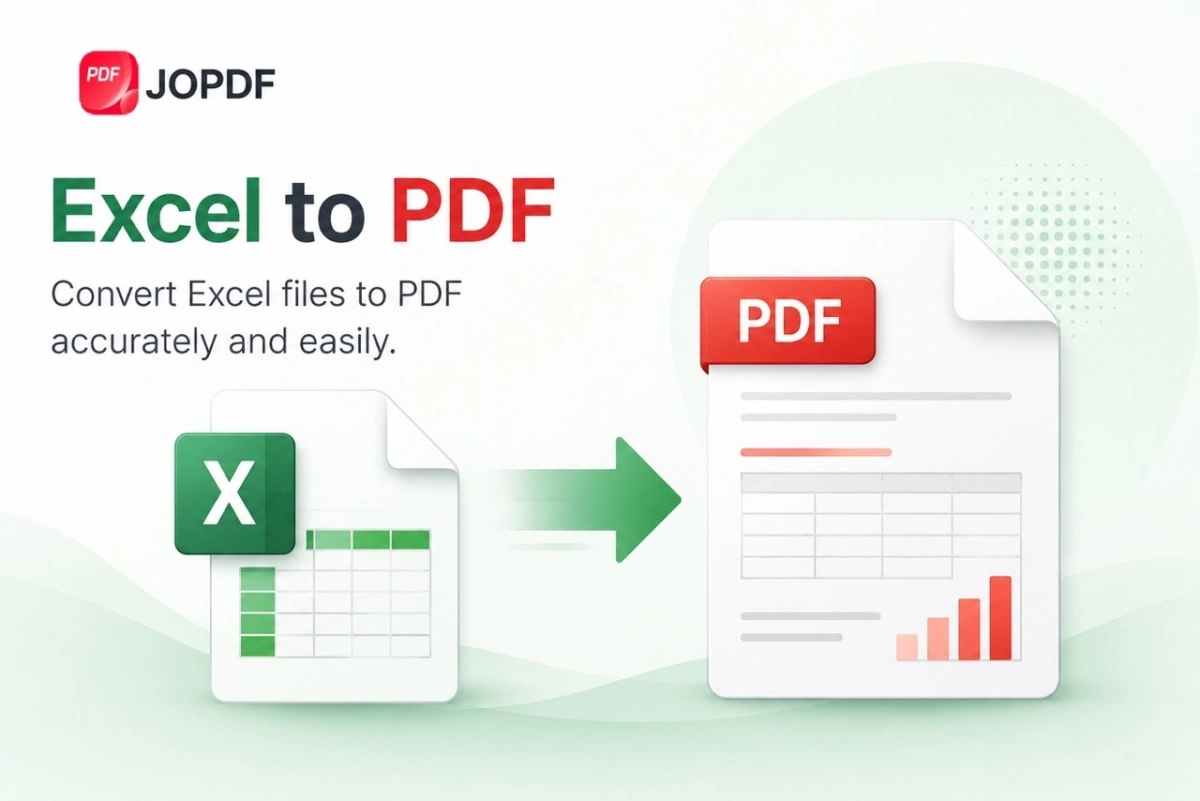 Visual depiction of an Excel to PDF conversion process, featuring a green checkmark to highlight that all formatting, tables, and column widths remain intact.