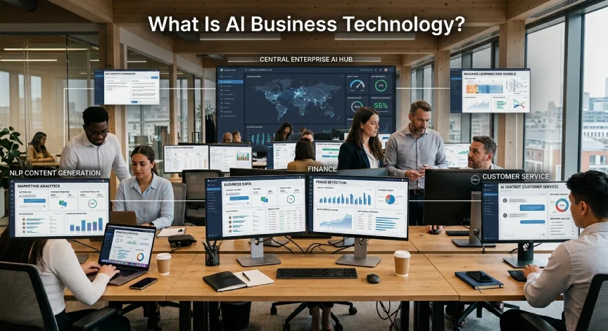 AI business technology across marketing finance and support