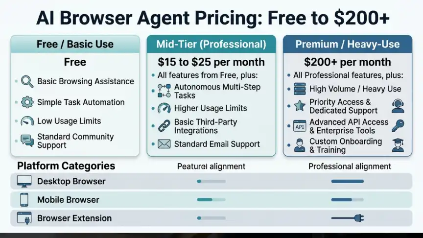 AI browser agent pricing tiers from free to premium plans