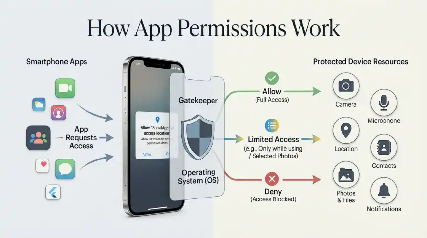 Smartphone app permissions controlling camera, microphone, and location access