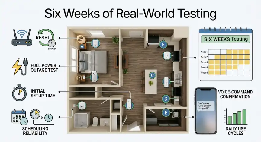 Six-week smart plug testing setup with Wi-Fi and power outage tests