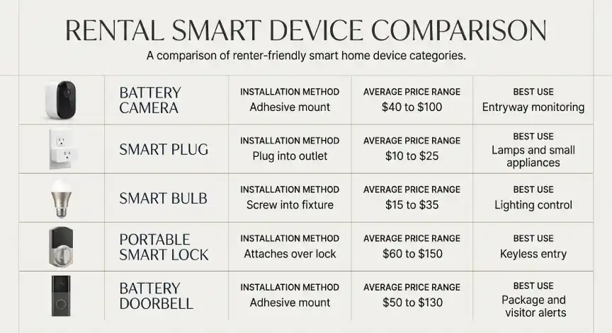 Smart home device comparison for renters by price and installation