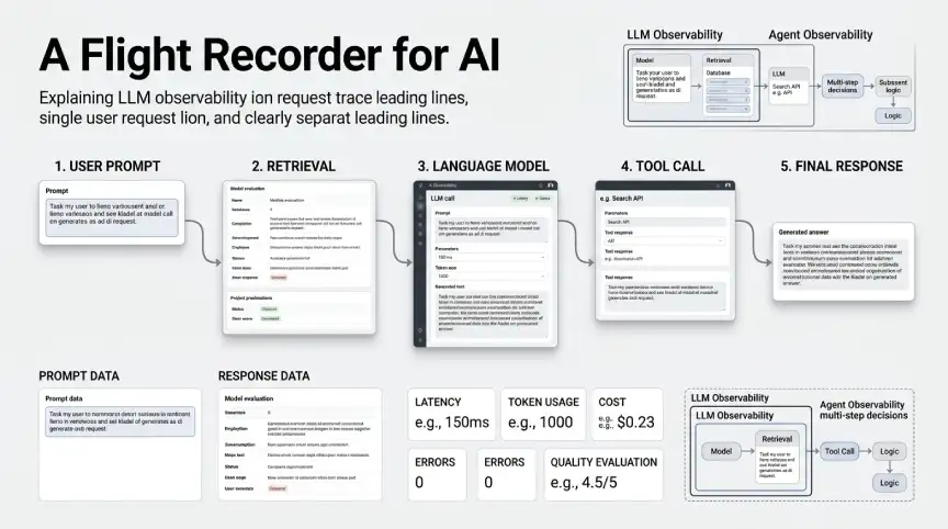 LLM observability trace showing prompts, model calls, tools, and responses