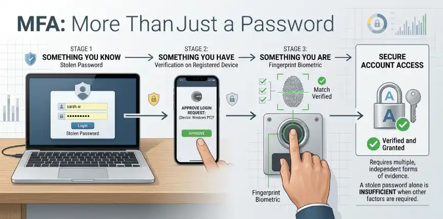 MFA explained with password phone and biometric authentication factors