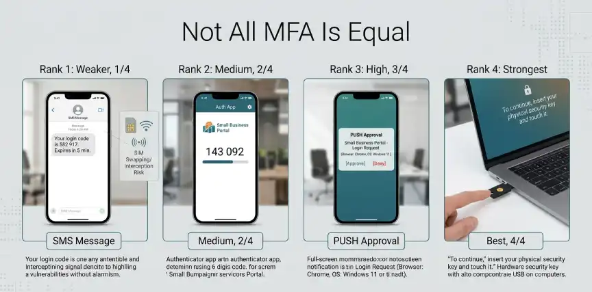 Comparison of SMS authenticator app push and hardware MFA methods