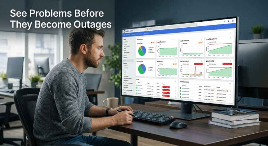 DevOps engineer monitoring Kubernetes cluster health before an outage