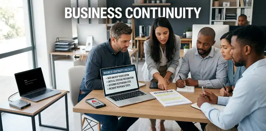 Small business team reviewing a written data recovery plan