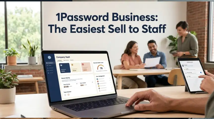 Small business team using a password manager on a laptop in an office