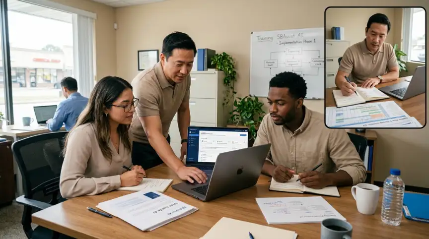 Small business manager training employees to use AI software