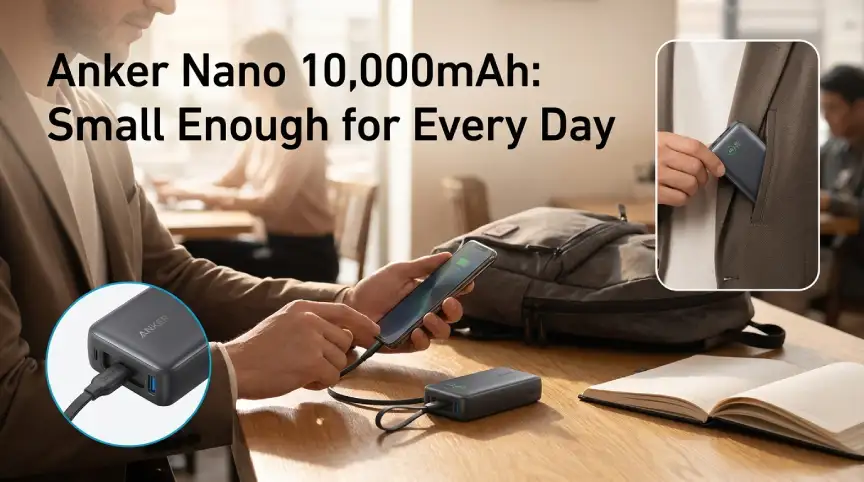 Compact 10,000mAh power bank with a built-in USB-C charging cable